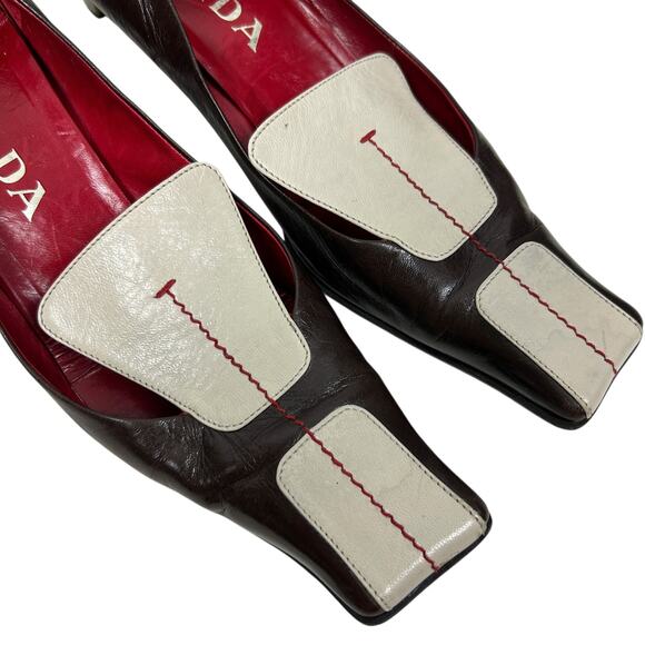 Prada Vintage Square Toe Y2K Block Kitten Heel Leather Heels 7 - Picture 4 of 8